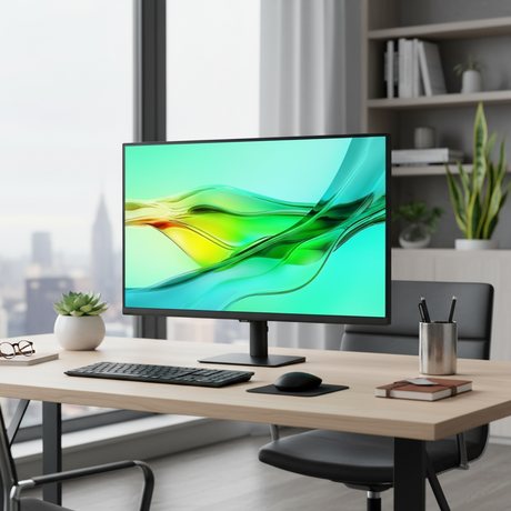 A sleek office desk features the Samsung 32" QHD IPS 2560x1440 100Hz USB-C HDR10 LS32D602UEEXXY monitor displaying abstract green waves, plus a keyboard, mouse, potted plant, and mug, all set before city views through tall windows.