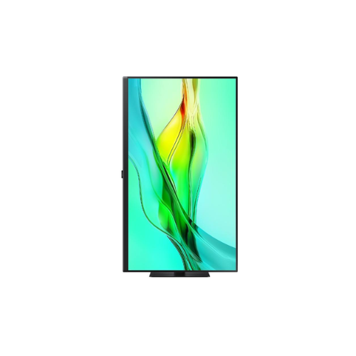 The Samsung 32" QHD IPS monitor (2560x1440, 100Hz, USB-C, HDR10) displays a vivid abstract green and yellow image vertically against a plain white background.