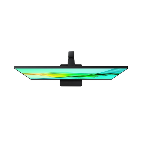 A sleek Samsung 32" QHD IPS LS32D602UEEXXY monitor shown from above displays vibrant green and yellow abstract colors on its 2560x1440 screen, with a black central stand.