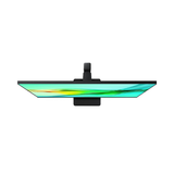 A sleek Samsung 32" QHD IPS LS32D602UEEXXY monitor shown from above displays vibrant green and yellow abstract colors on its 2560x1440 screen, with a black central stand.