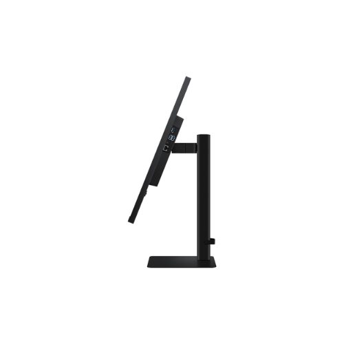 Side view of the Samsung 32" QHD IPS LS32D602UEEXXY monitor, black stand, slightly tilted back. Two USB ports and a headphone jack are visible on the side of this sleek USB-C display. White background.