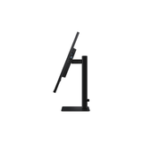 Side view of the Samsung 32" QHD IPS LS32D602UEEXXY monitor, black stand, slightly tilted back. Two USB ports and a headphone jack are visible on the side of this sleek USB-C display. White background.