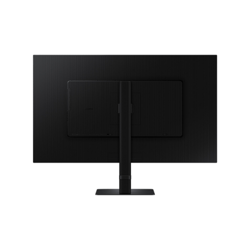 A black Samsung 32" QHD IPS LS32D602UEEXXY monitor is shown from the back, highlighting its sleek, flat rear and rectangular stand against a plain white background.
