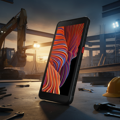A Samsung Galaxy XCover 5 64GB 4GB Rugged Smartphone by Samsung stands upright on a construction site table with tools and a hard hat, while excavators and buildings appear in the background under bright sunset work lights.