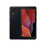 The Samsung Galaxy XCover 5 64GB 4GB Rugged Smartphone by Samsung is shown in black, featuring a vibrant display with an abstract pattern on the front and a textured back with a single rear camera and LED flash.