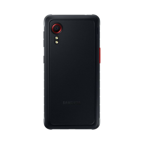 A black Samsung Galaxy XCover 5 64GB 4GB rugged smartphone by Samsung is seen from the back, showing a single rear camera with a red ring, a flash underneath, textured back surface, and a red button on the right side.