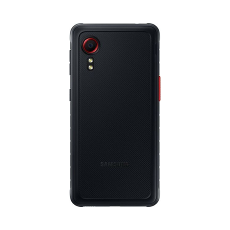 A black Samsung Galaxy XCover 5 64GB 4GB rugged smartphone by Samsung is seen from the back, showing a single rear camera with a red ring, a flash underneath, textured back surface, and a red button on the right side.