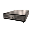 The Senor KC-3540V24 Compact Cash Drawer by Senor is a small black metal drawer with a stainless steel front, two slim slots, and a central lock (no key), perfect for POS systems and shown on a white background.