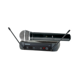 The Shure PGX24/SM58-H6 Wireless Handheld Microphone System features a black SM58-style mic with a metal mesh grille, UHF transmission, and a compact dual-antenna receiver with buttons and indicator lights.
