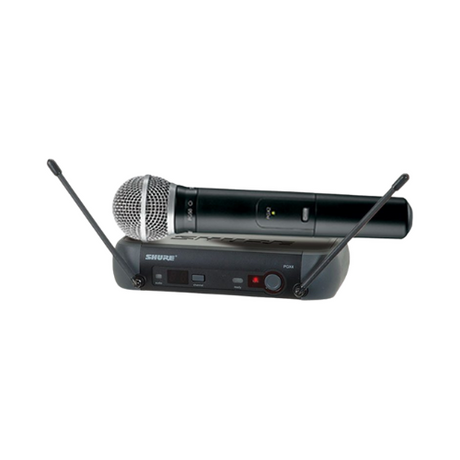 The Shure PGX24/SM58-H6 Wireless Handheld Microphone System features a black SM58-style mic with a metal mesh grille, UHF transmission, and a compact dual-antenna receiver with buttons and indicator lights.