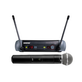 The Shure PGX24/SM58-H6 Wireless Handheld Microphone System features UHF transmission, a black SM58 mic, and a black dual-antenna receiver with LED display and control buttons.