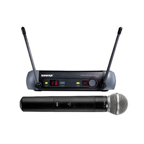 The Shure PGX24/SM58-H6 Wireless Handheld Microphone System features UHF transmission, a black SM58 mic, and a black dual-antenna receiver with LED display and control buttons.