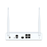 A certified refurbished Sophos XGS 87w Desktop Firewall by Sophos, featuring WiFi, five Gigabit ports, and dual antennas, is displayed from the back on a white background.