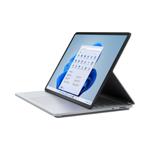 A Certified Refurbished Microsoft Surface Studio i7 11370H 3.3GHz 32GB 1TB RTX 3050, shown in tent mode from the left on a white background, displays Windows 11 on its 14.4" touch screen.