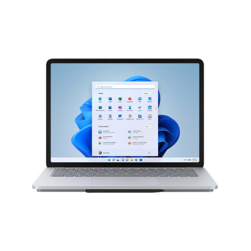 A Certified Refurbished Microsoft Surface Studio i7 (11370H, 3.3GHz, 32GB RAM, 1TB, RTX 3050, 14.4" Touch) by Microsoft stands open with a black keyboard, showing Windows 11 Home on screen against a plain white background.