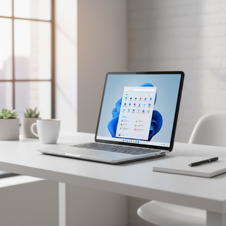 A Certified Refurbished Microsoft Surface Studio i7 11370H 3.3GHz 32GB 1TB RTX 3050 14.4" Touch displays the Windows 11 start menu on a white desk with coffee, a notebook, and plants, sunlight streaming through large office windows.