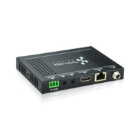 The TechLogix TL-TP70-HDARC is a compact black 4K HDMI extender with HDMI, Ethernet, RF ports, a green terminal block, and ventilation holes—ideal for extending HDMI up to 70m via Cat5e/6 with PoE and ARC support.