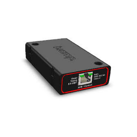 A compact black device with two Ethernet ports labeled PoE and Control on one end and Biamp on top, resembling the Biamp TESIRA EX-UBT 8-Channel AVB USB Audio Expander.