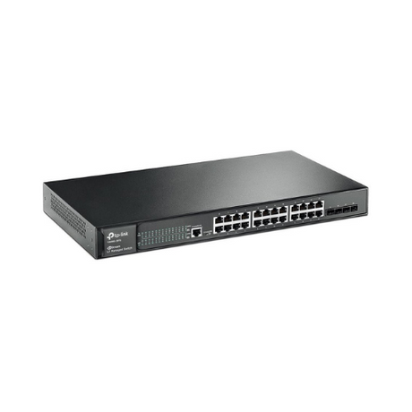 The TPLink T2600G-28TS JetStream is a black 24-port Gigabit managed switch with front panel indicators, rack-mount design, and is Certified Refurbished for reliable performance.