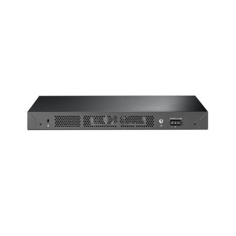 A Certified Refurbished TP-Link T2600G-28TS JetStream 24-Port Gigabit Managed Switch by TPLink, featuring multiple ports, ventilation grilles, and front indicator lights, is displayed against a white background.