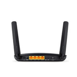 A certified refurbished TP-Link TL-MR6400 4G LTE Wireless Router 300Mbps (N300) by TPLink, featuring two antennas and four yellow Ethernet ports, is shown with its back facing a white background.