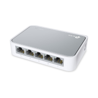 The TPLink TL-SF1005D 5-Port 10/100Mbps Desktop Ethernet Switch (refurbished) features five front LAN ports and a compact white design, ideal for wired internet connections.
