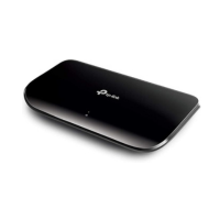 The TPLink TL-SG1008D 8-Port 10/100/1000Mbps Desktop Ethernet Switch features a sleek black design with rounded edges, glossy finish, and a small LED indicator on the front.
