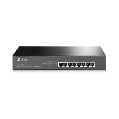 A black TP-Link TL-SG1008PE 8-Port Gigabit PoE+ Unmanaged Switch with front-facing LED indicators is displayed against a white background.