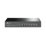 A black TP-Link TL-SG1008PE 8-Port Gigabit PoE+ Unmanaged Switch with front-facing LED indicators is displayed against a white background.