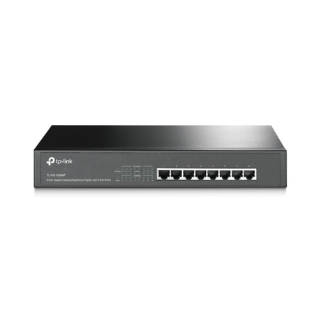 A black TP-Link TL-SG1008PE 8-Port Gigabit PoE+ Unmanaged Switch with front-facing LED indicators is displayed against a white background.