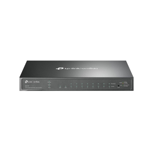 A black TPLink TL-SG2210P 8-Port Gigabit PoE+ Switch with 2 SFP ports and front panel indicator lights, shown against a plain white background.