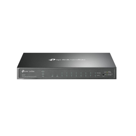 A black TPLink TL-SG2210P 8-Port Gigabit PoE+ Switch with 2 SFP ports and front panel indicator lights, shown against a plain white background.