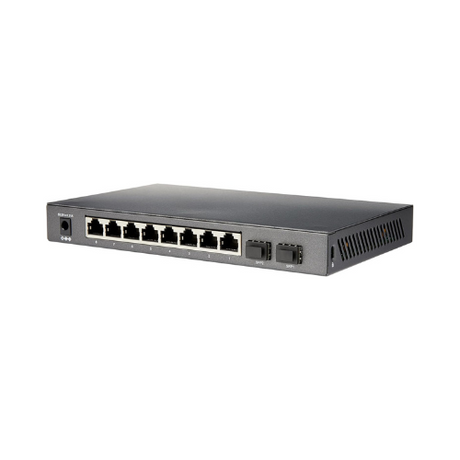 A certified refurbished TPLink TL-SG2210P, a black 8-port Gigabit PoE+ Layer 2 managed switch with 2 SFP slots, is shown on a white background.