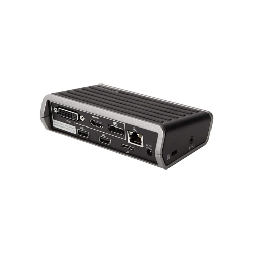 The Targus DOCK120 USB 3.0 Universal Docking Station, a certified refurbished model in black and silver, features DVI, HDMI, DisplayPort, USB, Ethernet, audio jack, and power input ports, all shown on a white background.