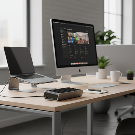 A bright office workspace features a Targus DOCK120 USB 3.0 Universal Docking Station, a desktop, an open laptop on a stand, a smartphone, and potted plants on a light wood desk near large windows.