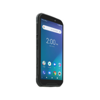 A rugged ZTE T86 Telstra Tough Max 3 smartphone with a thick protective casing is shown at an angle. The screen shows the time as 2:00 PM and app icons. This IP68 waterproof, certified refurbished phone offers 64GB storage and warranty.