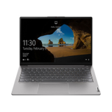 A silver Lenovo ThinkBook 13s G2 with a black bezel displays the Windows lock screen (11:30, Tuesday, February 9). This certified refurbished laptop features an 11th Gen Intel Core i5, 8GB RAM, and a scenic beach background.