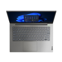 The refurbished Lenovo ThinkBook 14 G4 (i5-1235U, 8GB RAM, 256GB SSD, 13.3", Windows 11 Pro) is shown from above with its keyboard, trackpad, and a screen displaying the Windows 11 start menu on a blue background.