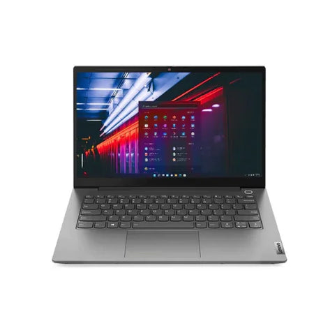 A Certified Refurbished Lenovo ThinkBook 14s G2 with Intel i5-1135G7, 16GB RAM, and 512GB SSD is open, showing a vivid Windows 11 Pro interface. The silver laptop with a black keyboard sits on a white background.