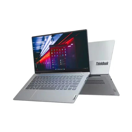 Two silver Certified Refurbished Lenovo ThinkBook 14s G2 laptops (Intel i5-1135G7, 16GB RAM, 512GB SSD, 14" display, Win11 Pro) are shown—one open with a colorful screen and one with the ThinkBook logo—ideal for business use.