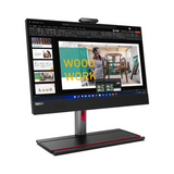 A certified refurbished Lenovo M90A G3 AIO i5 desktop showcases a woodworking presentation with furniture images and bold WOOD WORK text on its 23.8” display.