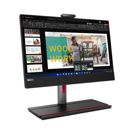 A certified refurbished Lenovo M90A G3 AIO i5 desktop showcases a woodworking presentation with furniture images and bold WOOD WORK text on its 23.8” display.