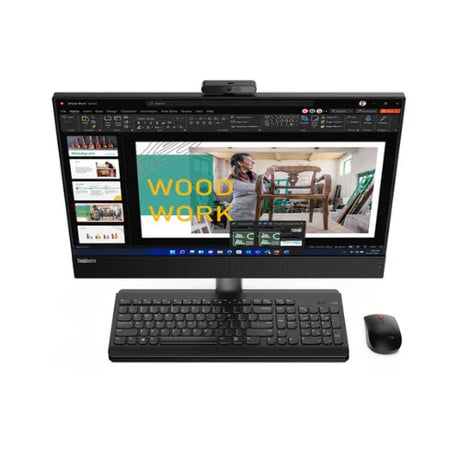 A Lenovo M90A G3 AIO desktop with a 23.8 display, black keyboard, and mouse is shown on a white background, screen featuring a woodwork presentation. Specs: i5-12500, 16GB RAM, 1TB SSD, WiFi, Windows 11 Pro.