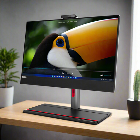 A Lenovo M90A G3 AIO i5 desktop with a 23.8 display shows a toucan close-up on screen, webcam on top. Potted plants, including a cactus, are visible in the background.
