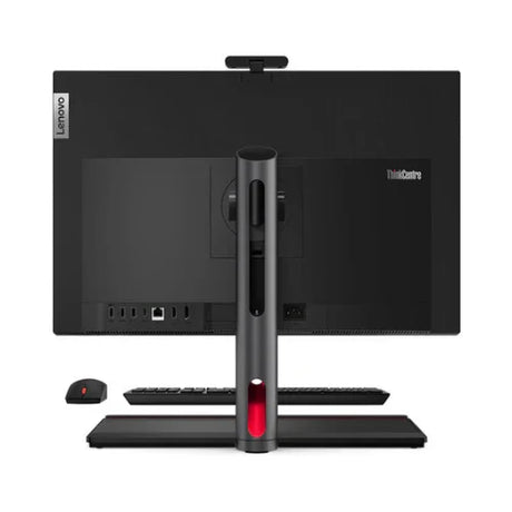 Rear view of a certified refurbished Lenovo M90A G3 AIO i5-12500 3GHz 16GB 1TB SSD WIFI 23.8 W11P, showing ports, stand, keyboard, and mouse on a white background.