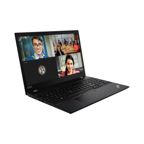 A certified refurbished Lenovo ThinkPad T15 G2 i7 1165G7 2.8GHz 16GB 512GB 14" Touch W11P business laptop by Lenovo displays a video call with four people on screen, set against a white background.