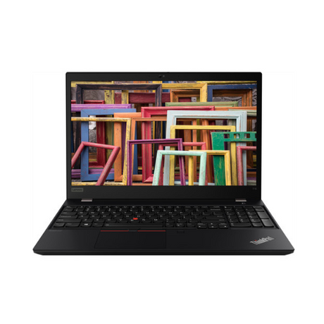 A certified refurbished Lenovo ThinkPad T15 G2 i7 1165G7 business laptop with a 14" touch screen displays colorful overlapping picture frames on its screen, shown against a white background.