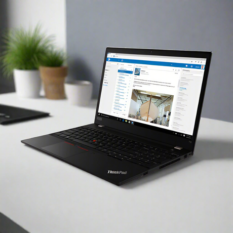 A Lenovo ThinkPad T15 G2 (i7 1165G7, 16GB RAM, 512GB SSD, 14" Touch) business laptop is open at an angle, displaying a work email on its screen against a white background.