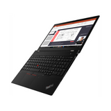 A certified refurbished Lenovo ThinkPad T15 G2 (i7 1165G7, 16GB RAM, 512GB SSD, 14" Touch, W11P) business laptop sits partially open with PowerPoint and a video call on screen. Keyboard and touchpad are visible on a white background.
