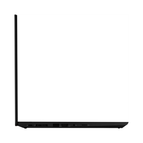 A slim, black Lenovo ThinkPad T15 G2 i7 laptop is shown from the side with its lid open at a right angle, showcasing its sleek profile and ports on the lower edge. The 14" touch screen and keyboard are not visible.
